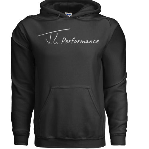 Black hoodie with 'J.T. Performance' text on a white background